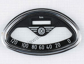 Glass of speedometer 120 km/h with frame (CZ 125 175 250 Kyvacka) / 