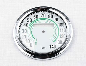 Glass of speedometer 140 km/h with frame - green (Jawa 350 Kyvacka) / 