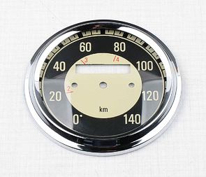 Glass of speedometer 140 km/h with frame - black (Jawa 350 Kyvacka) / 