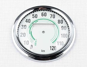 Glass of speedometer 120 km/h with frame - green (Jawa, CZ Kyvacka) / 