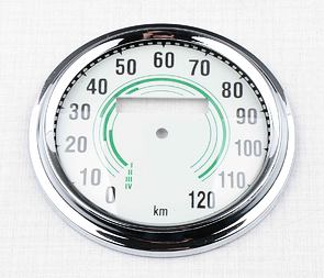 Glass of speedometer 120 km/h with frame - green (Jawa CZ 250 350 Kyvacka) / Glass of speedometer 120 km/h with frame - green (Jawa CZ 250 350 Kyvacka) /