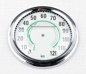 Glass of speedometer 120 km/h with frame - green (Jawa CZ 250 350 Kyvacka) / 