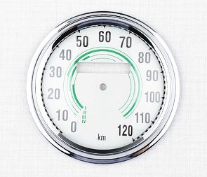 Glass of speedometer 120 km/h with frame - green (Jawa CZ 250 350 Kyvacka) / Glass of speedometer 120 km/h with frame - green (Jawa CZ 250 350 Kyvacka) /