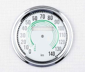 Glass of speedometer 140 km/h with frame - green (Jawa 350 Kyvacka) / 