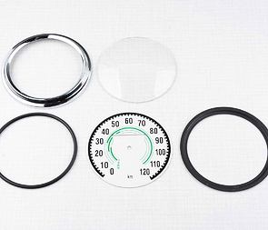 Glass of speedometer 120 km/h with frame - green (Jawa CZ 250 350 Kyvacka) / Glass of speedometer 120 km/h with frame - green (Jawa CZ 250 350 Kyvacka) /