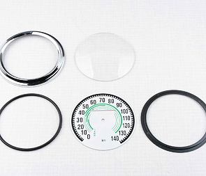 Glass of speedometer 140 km/h with frame - green (Jawa 350 Kyvacka) / Glass of speedometer 140 km/h with frame - green (Jawa 350 Kyvacka) /
