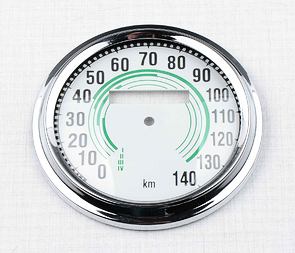 Glass of speedometer 140 km/h with frame - green (Jawa 350 Kyvacka) / Glass of speedometer 140 km/h with frame - green (Jawa 350 Kyvacka) /