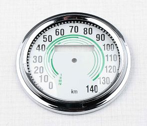 Glass of speedometer 140 km/h with frame - green (Jawa 350 Kyvacka) / 