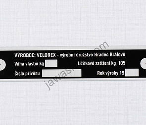 Type plate - printed (Velorex sidecar) / 